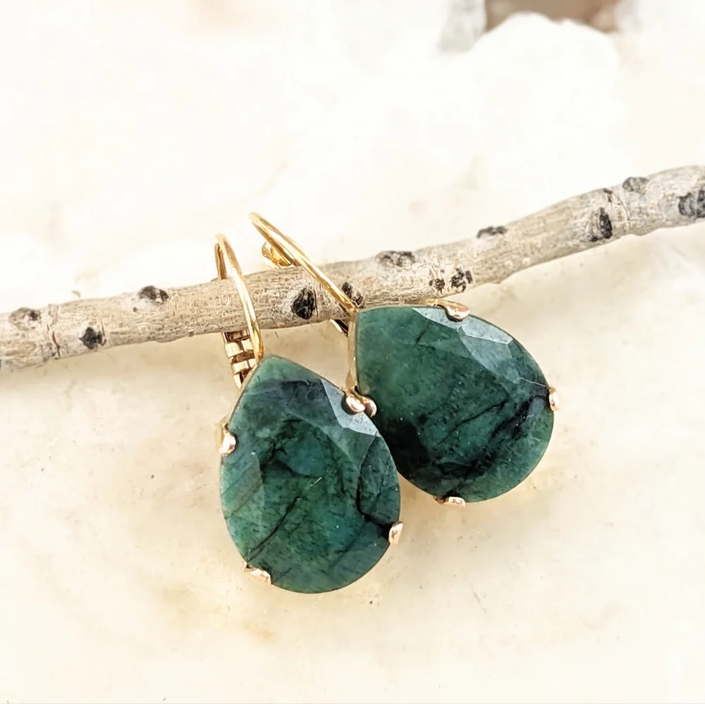 29.0 Total Carats Natural Emerald Rough Cut  In Drop 18k Gold Plated Earrings